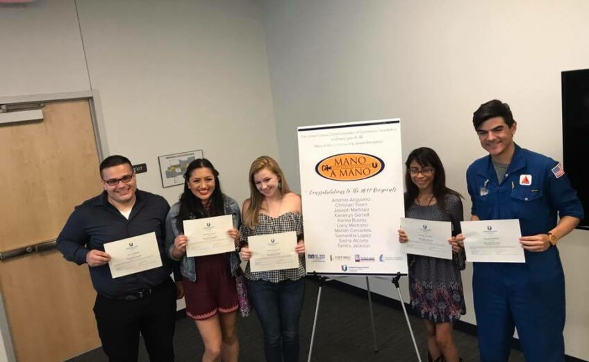 Some of the 10 students who received scholarship funds from the United Corpus Christi Chamber of Commerce’s Mano A Mano program. The awards were handed out at an event Aug. 2 in the chamber’s uptown offices. Courtesy photo