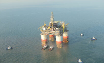Big Foot moves slowly with the help of tugboats. It took three months to travel from South Korea to Ingleside, Texas. It will take eight to 10 days before it goes back to pumping oil some 225 miles south of New Orleans in the Gulf of Mexico. Courtesy photo