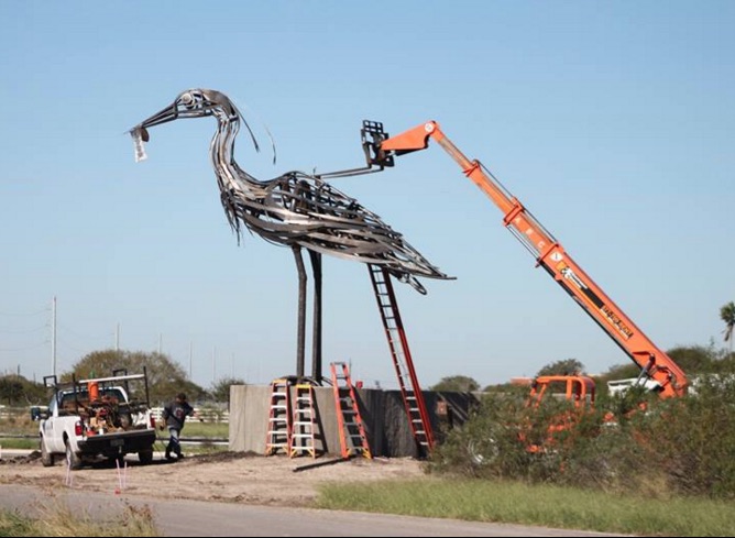 Crews installed a 20-foot-tall steel Great Blue Heron at the entrance of Oso Wetlands and Preserve the first weekend of December 2015. Courtesy photo