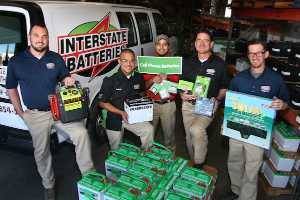 The battery expert team at Interstate Batteries in Corpus Christi are (from left) Jon Groves, Andrew Martinez, Andrew Arismendez, owner J.D. Jones and Sammy Shirley. If you need a battery, Interstate Batteries has it, Jones says. Photo by Carrie Robertson Meyer/Third Coast Photo