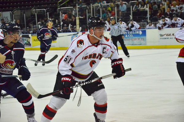 IceRays forward and team captain Joe Chitwood (61) on the ice against the Topeka RoadRunners in an October 2014 game at the American Bank Center in Corpus Christi. Courtesy photo