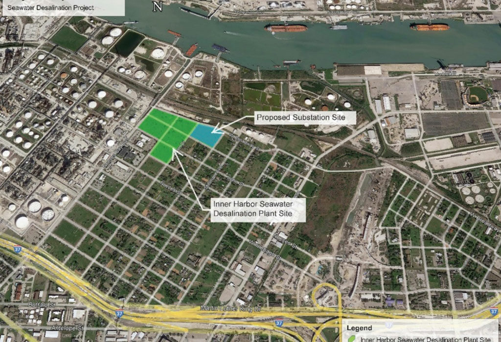 A satellite image of a proposed desalination plant site in the Hillcrest neighborhood, a predominately Black and Hispanic community near the Inner Harbor of Corpus Christi. Courtesy image