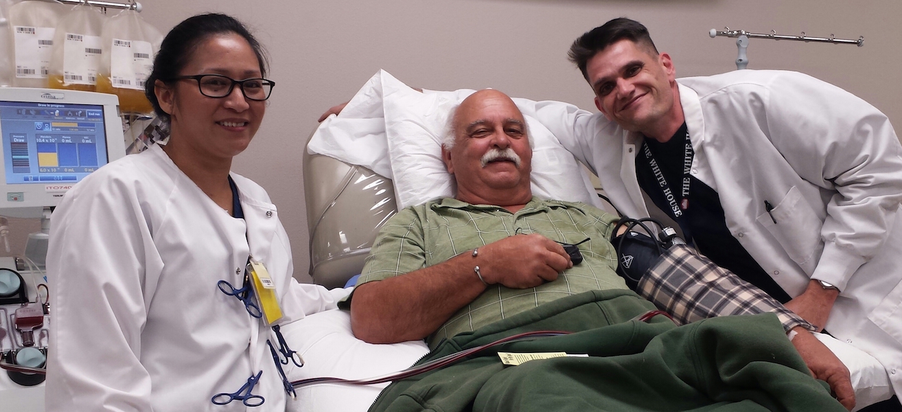 Frequent blood donor Ralph Balko (center) with apheresis technician Danny White and Charmy Advencula of the Coastal Bend Blood Center. The nonprofit conducts blood drives to meet the constant need for blood and platelets in 10 Coastal Bend counties. Photo by Anne M. Garcia