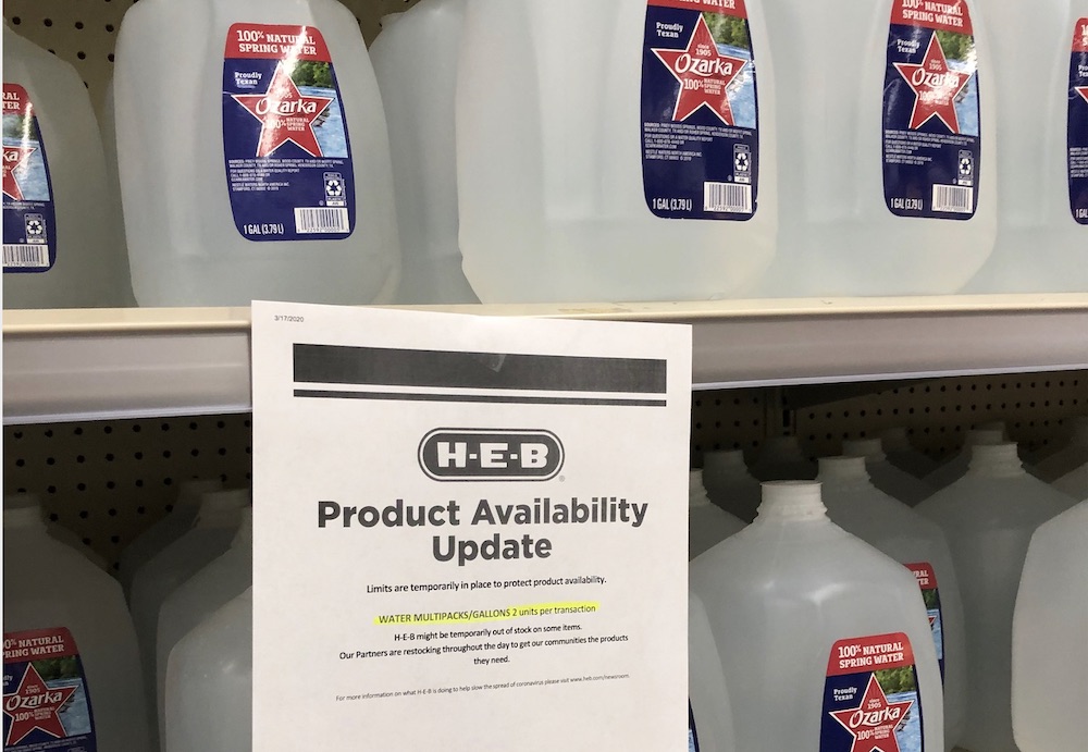 Limiting store hours for restocking and restricting the number of products a person can buy to stop hoarding has been a success of sorts. While paper and cleaning products are pretty much cleaned out immediately, water is still readily available at this H-E-B in Corpus Christi. Staff photo