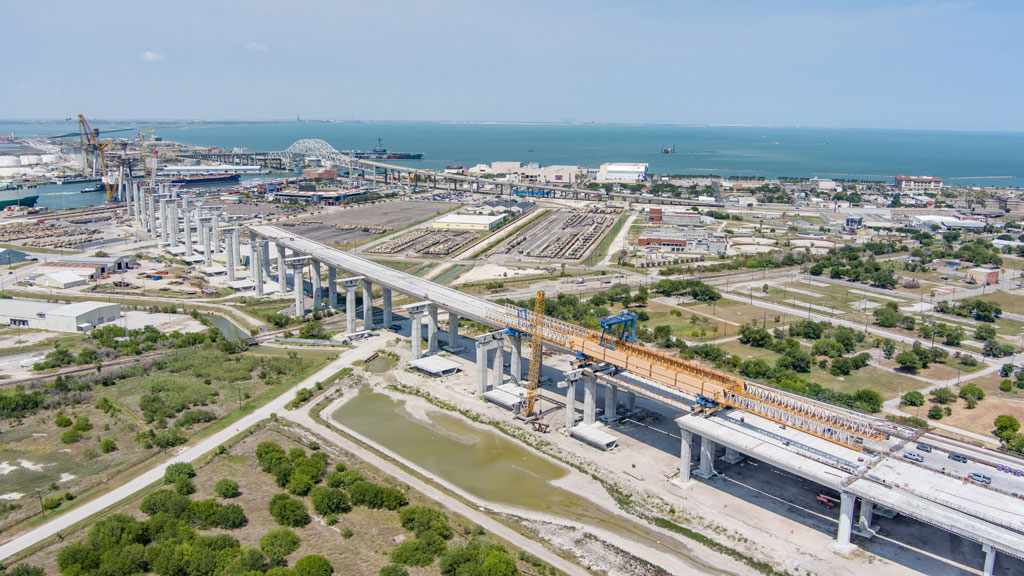 Progress on the new Harbor Bridge as it looked in June 2022. While construction on the cable-stayed part of the bridge has been suspended, work continues on feeder roads and entrances to the bridge.