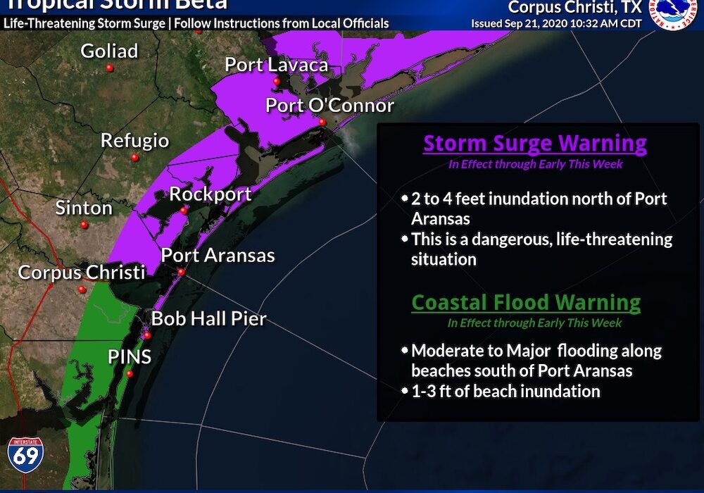 National Weather Service image of Tropical Storm Beta's storm surge warning and coastal flood warnings in the Coastal Bend. Courtesy image