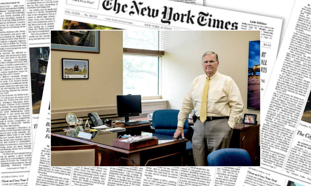 A photo of Corpus Christi Mayor Joe McComb in his City Hall office that ran in The New York Times on page 12 of Section A in the July 12, 2020, edition. Photo by Christopher Lee for The New York Times. Background, the front page of the July 12 edition of The New York Times