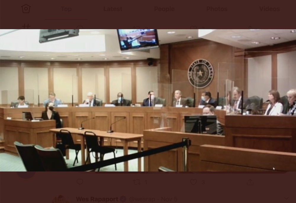 The Texas Senate Committee on Education met in person Nov. 14 behind plexiglass shields. Testimony was heard virtually on TV screens. Courtesy photo