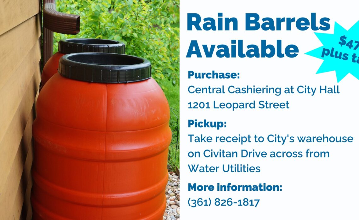 Rain barrels for water collection and conservation can be picked up at the city of Corpus Christi warehouse on Civitan Drive next to Animal Care Services. Courtesy photo