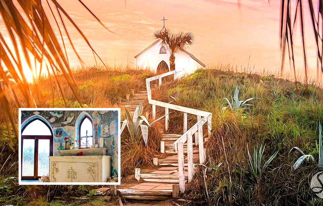 MAIN PHOTO: The walkway to Chapel on the Dunes in Port Aransas. INSET: The chapel's interior, which features biblical artwork and Gulf Coast views. Photos courtesy of Port Aransas Museum